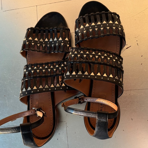 Azzedine Alaia Black Leather and Silver Stud Gladiator Sandals - Picture 2 of 5